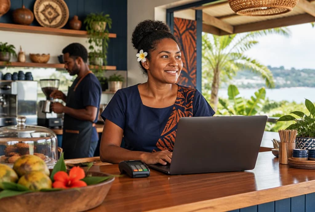 A ni-Vanuatu small business owner working in a cafe