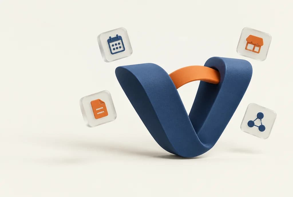 A sculptural navy and orange connected V surrounded by business tool tiles