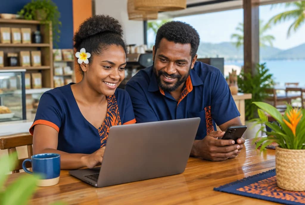 Business owners collaborating around a laptop